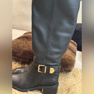 Vince Camuto Black Leather Over the Knee Boots with Gold Buckle